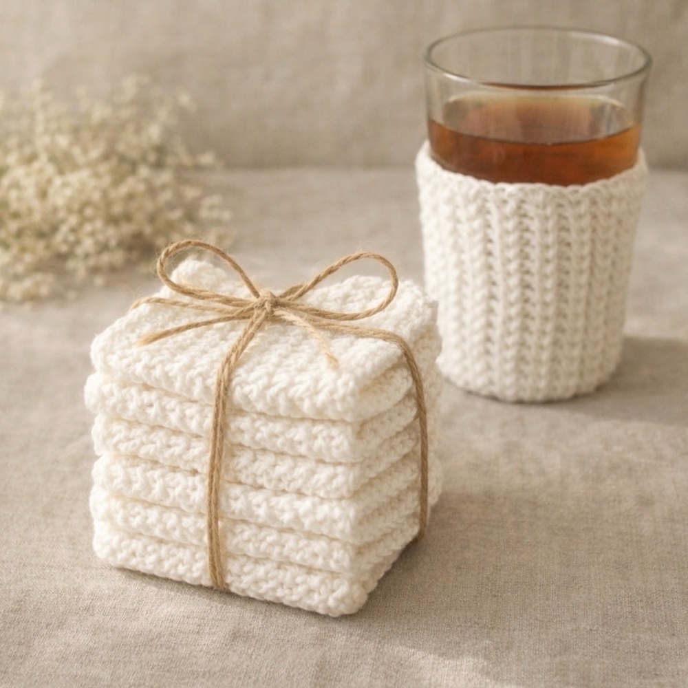 Vintage Cup Koozie Set of 6 Hand Crocheted White Cottagecore Cup Sleeves